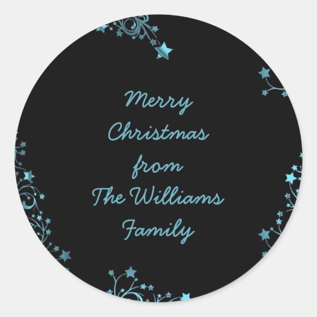 Frohe Weihnachtsstars Black Blue Shiny Chic Name Runder Aufkleber (Vorderseite)