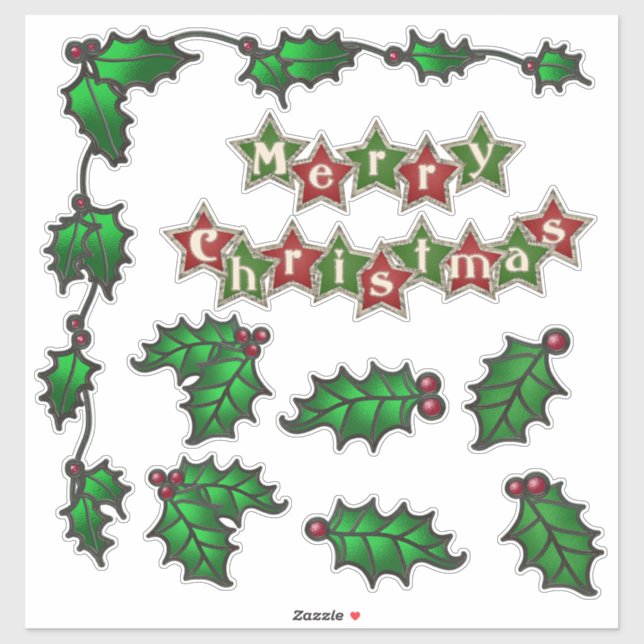 Frohe Weihnachtsstars Holly Berries Border Aufkleber (Blatt)