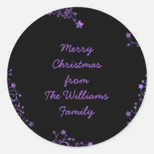 Frohe Weihnachtsstars Schwarz Lila Elegant Chic Runder Aufkleber