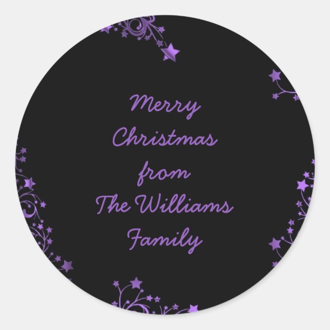 Frohe Weihnachtsstars Schwarz Lila Elegant Chic Runder Aufkleber (Vorderseite)