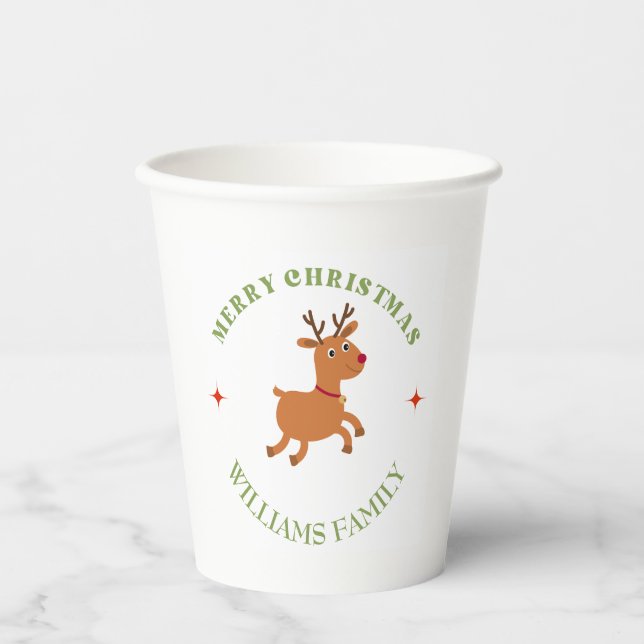 Frohe Weihnachtstext Rentiere weiß Pappbecher (Vorderseite)