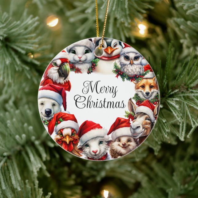Frohe Weihnachtstiere Weihnachtsmannmütze Keramik  Keramik Ornament (Baum)
