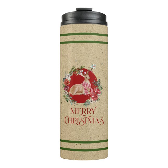 Frohe Weihnachtstypografie Blumenkranz mit Hirsch Thermosbecher (Vorderseite)
