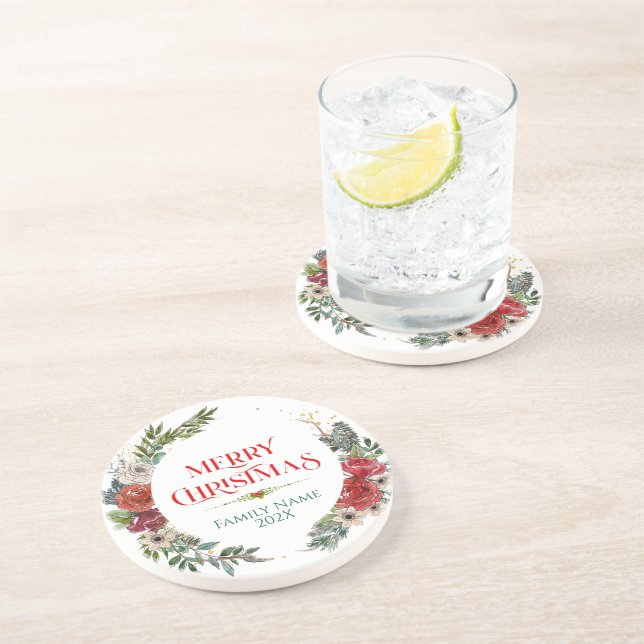 Frohe Weihnachtstypografie & Blumenreath Getränkeuntersetzer (Seite)
