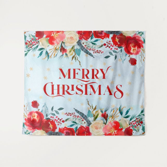 Frohe Weihnachtstypografie Boho Blume Grenze Wandteppich (Vorderseite (Horizontal))
