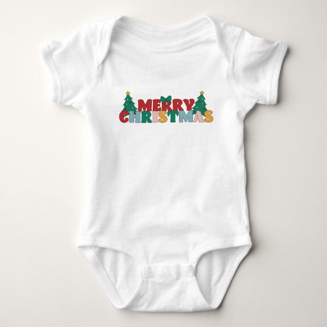 Frohe Weihnachtstypografie dekoriert Pine Tree Baby Strampler (Vorderseite)