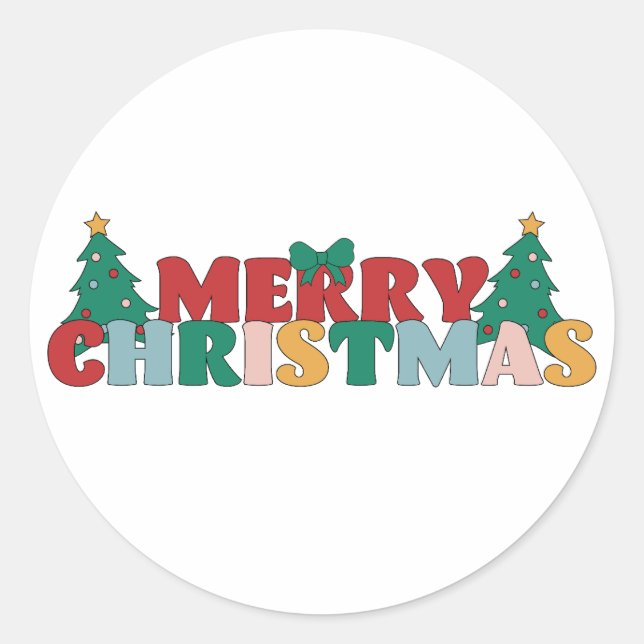 Frohe Weihnachtstypografie dekoriert Pine Tree Runder Aufkleber (Vorderseite)