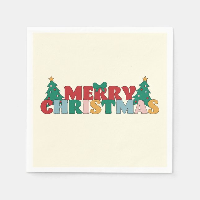 Frohe Weihnachtstypografie dekoriert Pine Tree Serviette (Vorderseite)