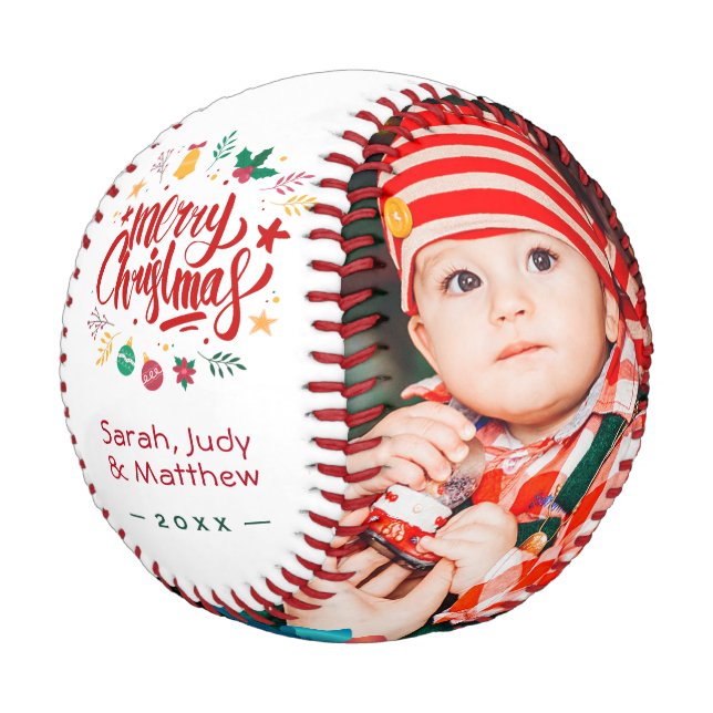 Frohe Weihnachtstypografie Familienkids Foto Baseball (Schrägansicht)
