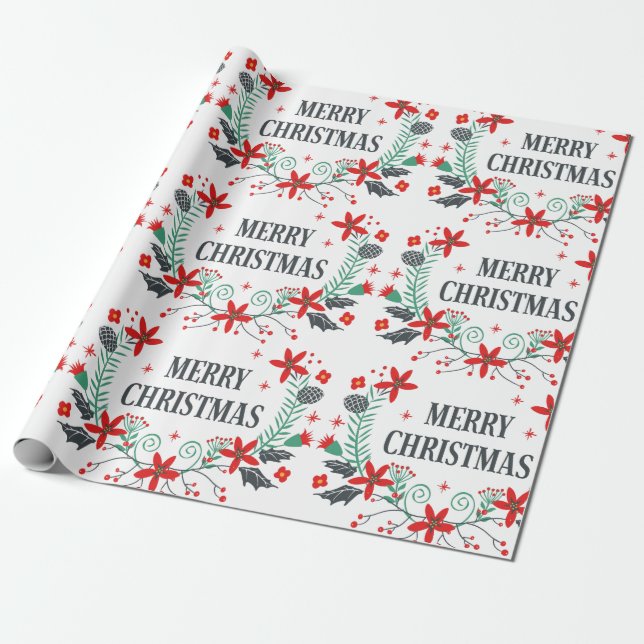 Frohe Weihnachtstypografie Floral Bouquet Geschenkpapier (Ungerollt)