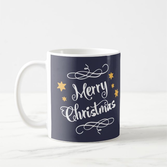 Frohe Weihnachtstypografie Midnight Blue White Kaffeetasse (Links)