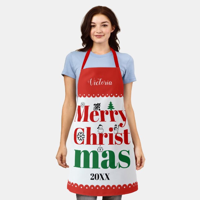 Frohe Weihnachtstypografie mit Vintagen Elementen Schürze (Getragen)