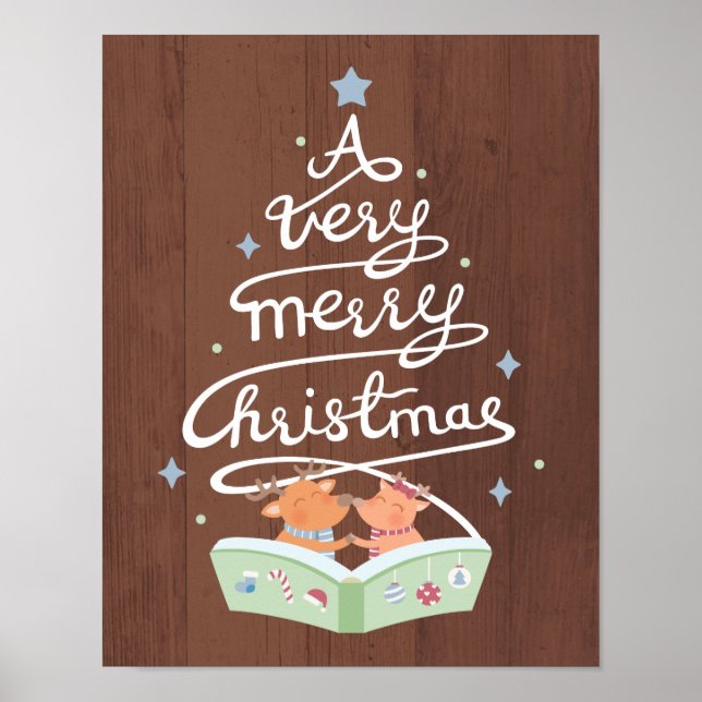 Frohe Weihnachtstypografie Niedlich Rentiers Poste Poster (Vorne)