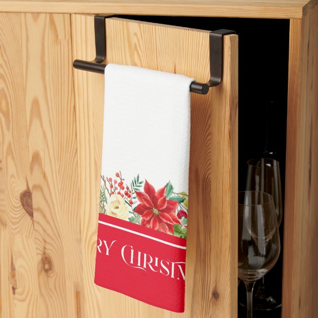Frohe Weihnachtstypografie & Poinsettia Grenze Geschirrtuch (Drittel gefaltet)