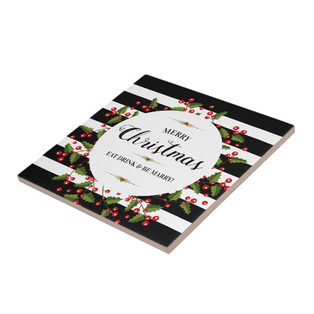 Frohe Weihnachtstypografie Red Berries Wreath Fliese (Seite)