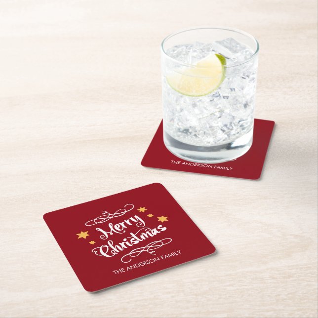 Frohe Weihnachtstypografie Red White Rechteckiger Pappuntersetzer (Vor Ort)
