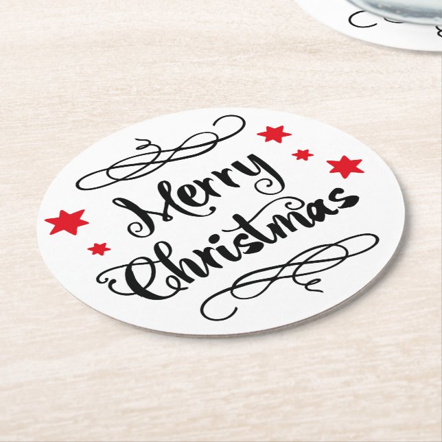 Frohe Weihnachtstypografie Red White Runder Pappuntersetzer (Angewinkelt)