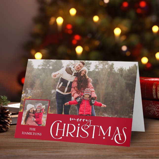 Frohe Weihnachtstypografie Red Zwei-Foto Karte (Von Creator hochgeladen)