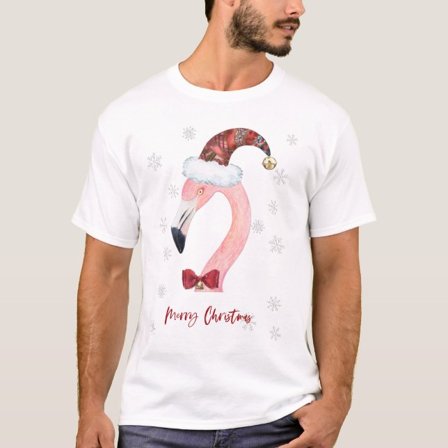 Frohe Weihnachtstypografie Santa Flamingo T-Shirt (Vorderseite)