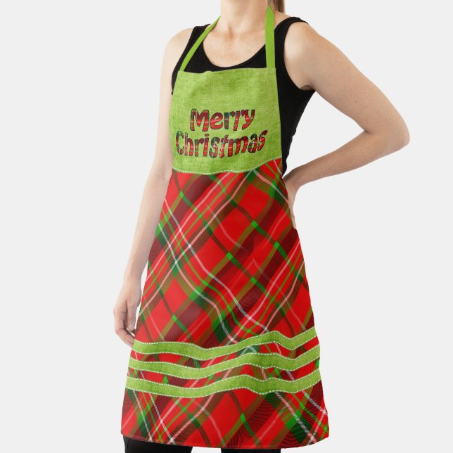 Frohe Weihnachtstypografie Tartan Red Green Karier Schürze (InSitu)
