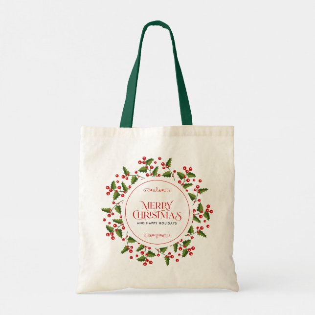 Frohe Weihnachtstypografie und rote Beeren-Kranz Tragetasche (Rückseite)