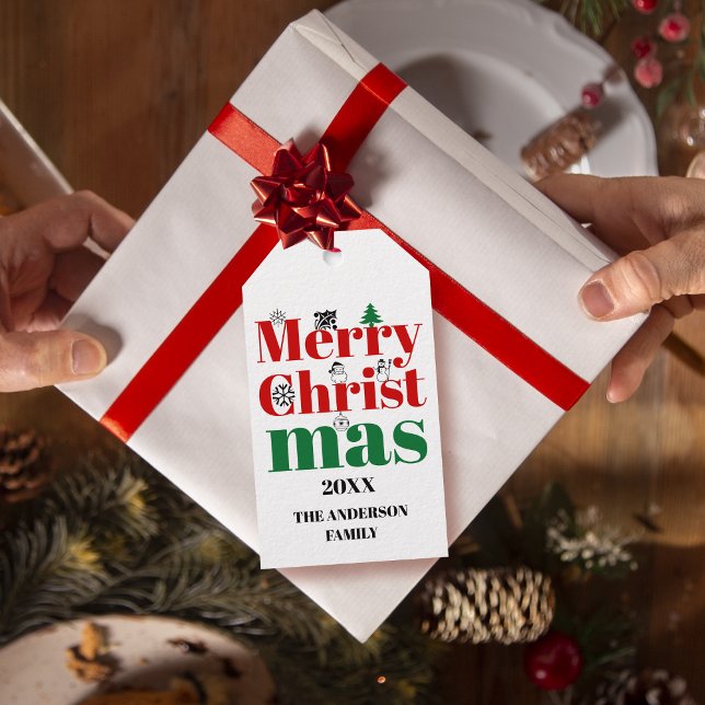 Frohe Weihnachtstypografie und Vintage Elemente Geschenkanhänger (Von Creator hochgeladen)