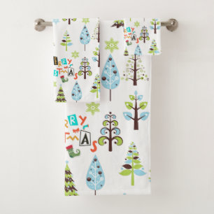 Frohe Weihnachtstypografie und Weihnachtsbaumen Badhandtuch Set