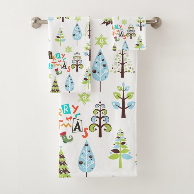Frohe Weihnachtstypografie und Weihnachtsbaumen Badhandtuch Set (Insitu)