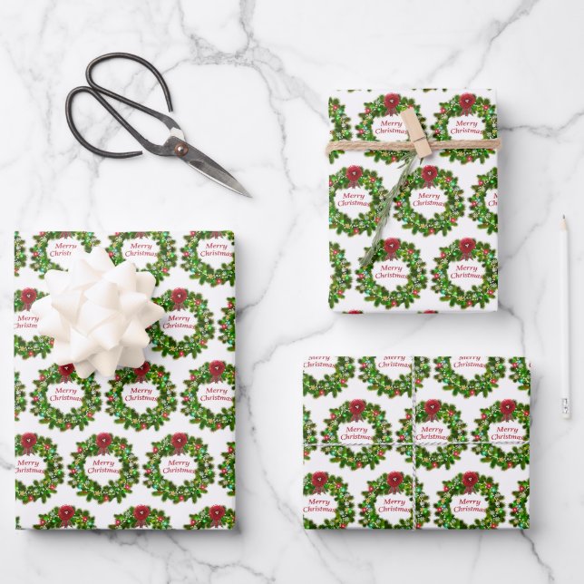 Frohe Weihnachtstypografie Wreath Red Green Geschenkpapier Set (Vorderseite)