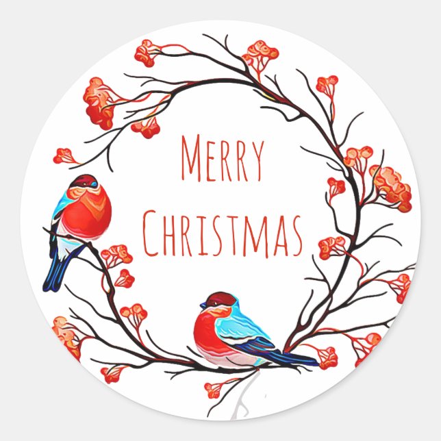 Frohe Weihnachtsvögel auf einer Berry Branch Runder Aufkleber (Vorderseite)