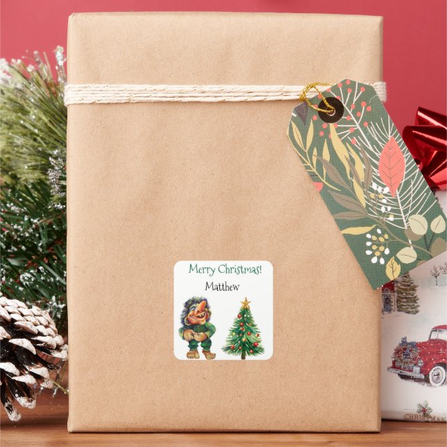 Frohe Weihnachtswache und Baumfreude Quadratischer Aufkleber (Feiertag)