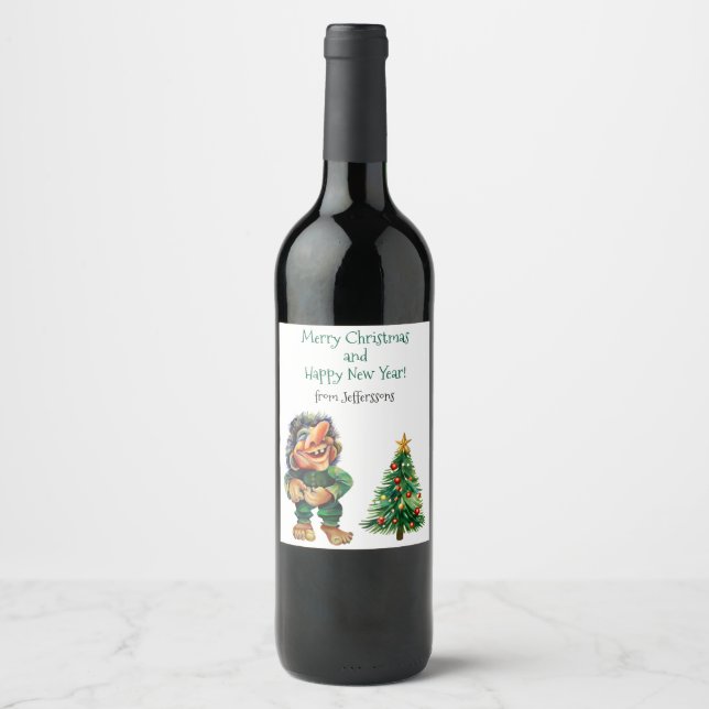Frohe Weihnachtswache und Baumfreude Weinetikett (Vorderseite)