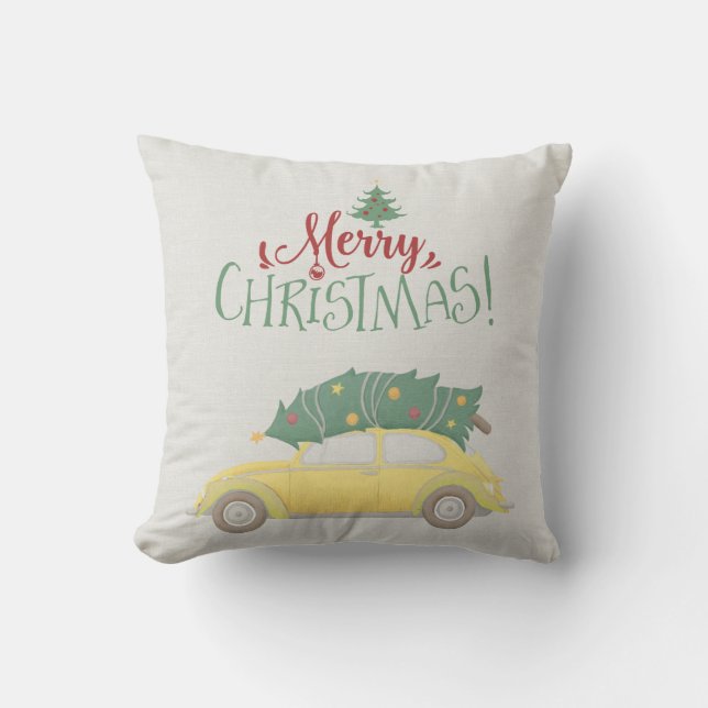 Frohe Weihnachtswagen mit Baum in gedämpften Farbe Kissen (Vorderseite)