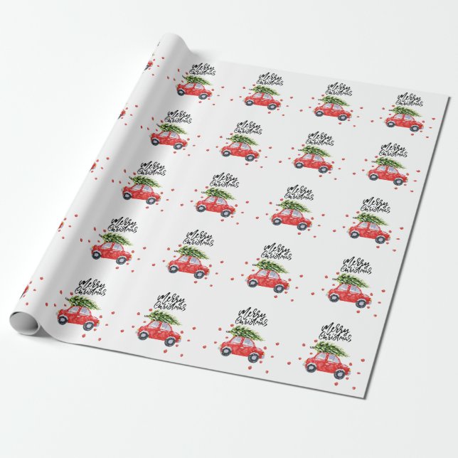Frohe Weihnachtswagen mit Weihnachtsbaum   Geschenkpapier (Ungerollt)