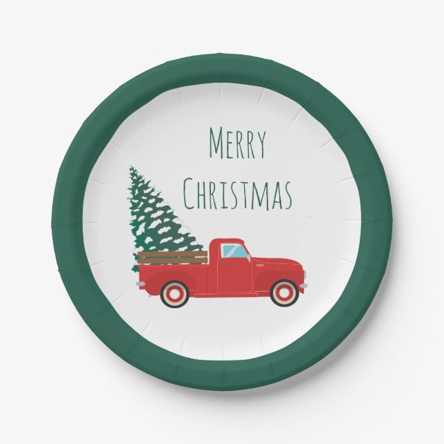 Frohe Weihnachtswagen mit Weihnachtsbaum rot Pappteller (Vorderseite)