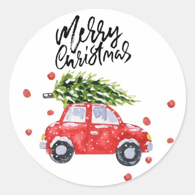Frohe Weihnachtswagen mit Weihnachtsbaum Runder Aufkleber (Vorderseite)