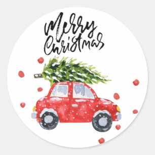Frohe Weihnachtswagen mit Weihnachtsbaum Runder Aufkleber