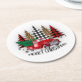 Frohe Weihnachtswagen und Bäume Runder Pappuntersetzer
