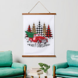 Frohe Weihnachtswagen und Bäume Wandteppich Mit Holzrahmen