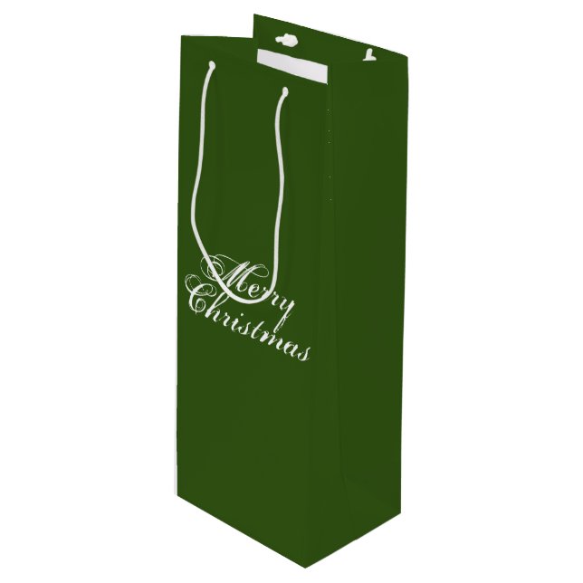 Frohe Weihnachtswald grün elegante Skript einfach Geschenktüte Für Weinflaschen (Vorderseite Schrägansicht)