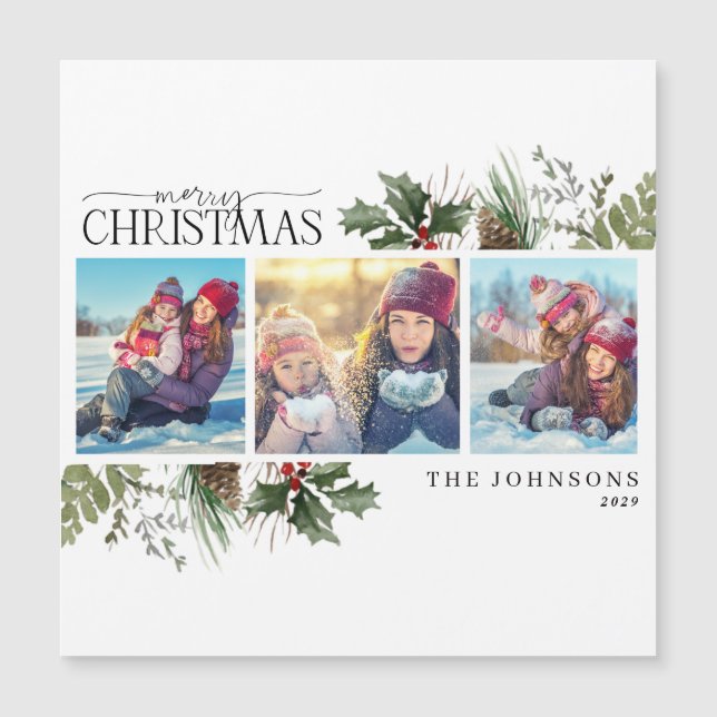 Frohe Weihnachtswälder Berry Pinecone Foto Magnet (Vorderseite)