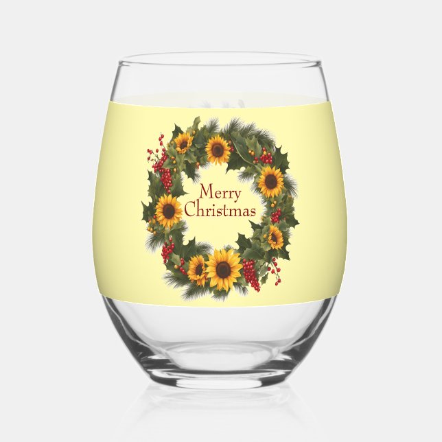 Frohe Weihnachtswein Sonnenblume Wreath Holly Joy Weinglas Ohne Stiel (Vorderseite)