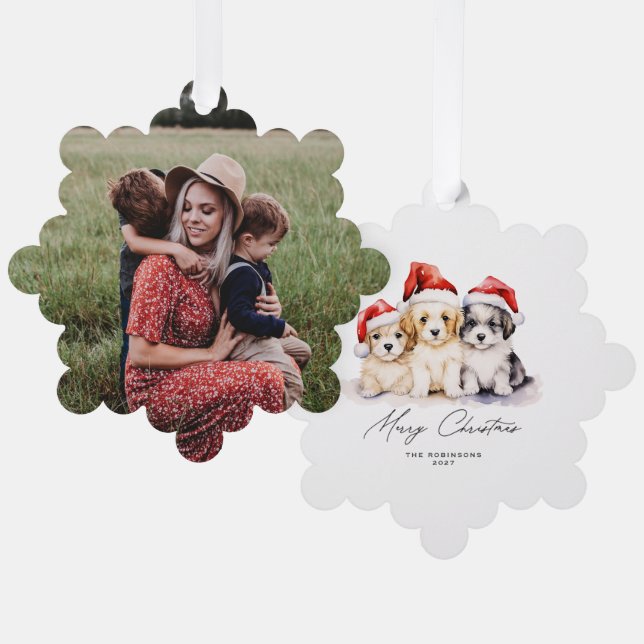 Frohe Weihnachtswelpen Ornament Karte (Vorderseite/Rückseite)