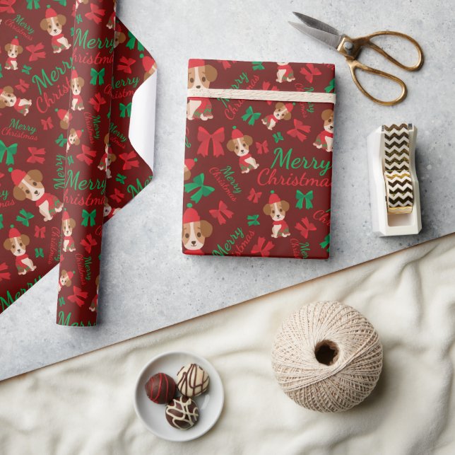 Frohe Weihnachtswelpen Rote & Grüne Bows Nahtlos Geschenkpapier (Kunsthandwerk)