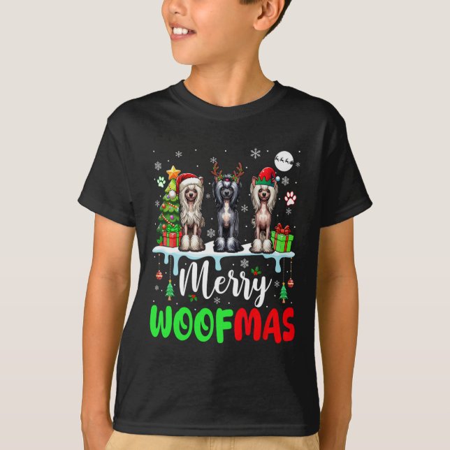 Frohe Weihnachtswoof Three Santa Elf Chinesisches  T-Shirt (Vorderseite)