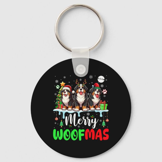 Frohe Weihnachtswoof Three Santa Reindeer Bernese Schlüsselanhänger (Vorderseite)