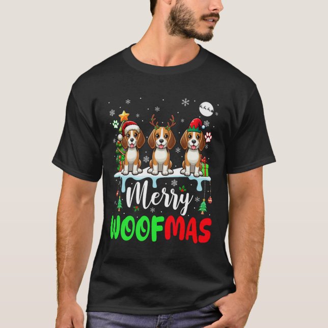 Frohe Weihnachtswoof Three Santa Reindeer Elf Beag T-Shirt (Vorderseite)