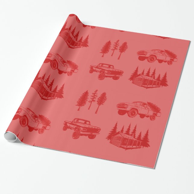 Frohe Weihnachtswrapping Papier Red Truck Tree Cab Geschenkpapier (Ungerollt)