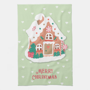 Frohe Weihnachtszeit Pink Snowy Gingerbread Haus Geschirrtuch