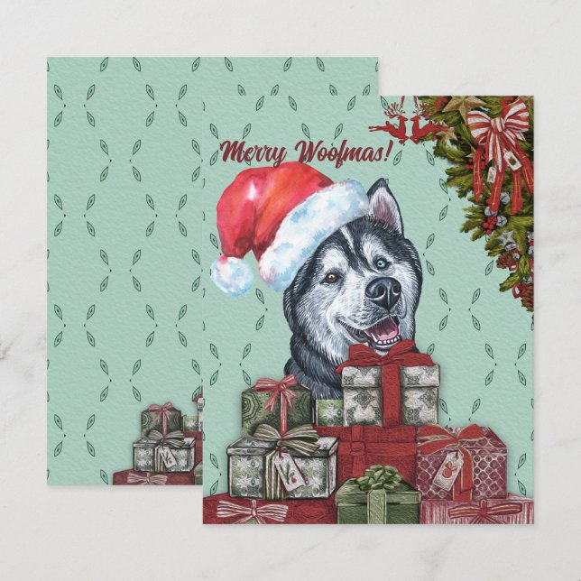 Frohe Wölfe! Siberian Husky Weihnachtsmannmütze We Mitteilungskarte (Vorne/Hinten)